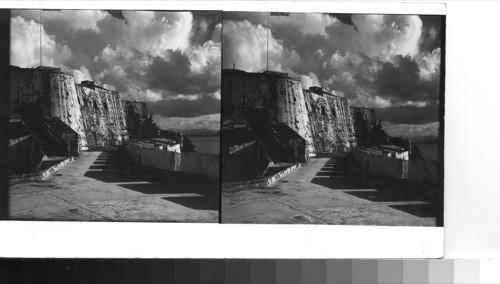 Puerto Rico, San Juan: El Morro - the fort built by the Spaniards on the rocky bluff overlooking the entrance to San Juan bay. El Morro means bluff or headland and is really a nickname for the original Spanish name of Castillo de San Felipe del Morro. It began with a single tower and bastion in 1539 and took 250 years to build, becoming at its completion one of the finest examples of early fortifications in the new world. Sawders 1949