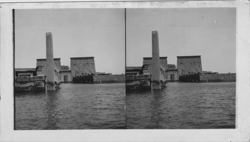 Partially submerged Temple of Isis, obelisk and Colonnade at Entrance, Island of Philoe, Looking N. Egypt