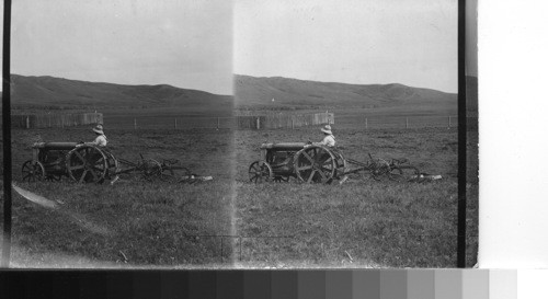 Breaking prairie sod with a tractor in the foothills of Alberta, Canada