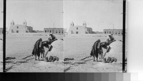 Hopi Indian Country, (mission?) Catholic Church and School at Isleta, Arizona. Outdoor oven