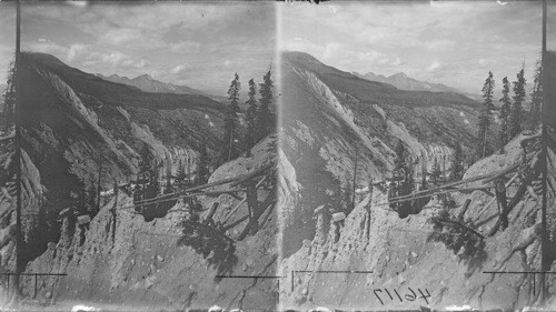 The Hoodoos in foreground and Astoria Valley near Jasper Park. Canada. Alta