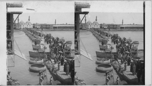 Pontoon bridge ad Odd Round Boats Called “Kufus” on the Tigris River, at Bagdad. Mesapotamia