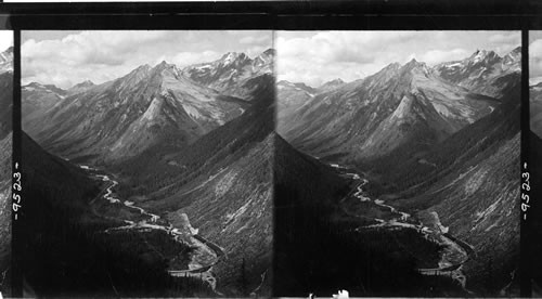 Illecillewaet Valley showing part of the famous loop C.P. Ry., Selkirk Mts., B.C. Canada. Glacier Park