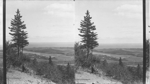 Bird's eye view of Cornwallis Valley showing orchards, farm house, barns, & Mina's Basin. N.S