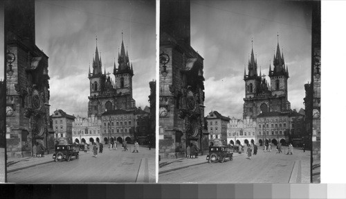 Prague. The Teyn Church and old town square, Prague, Czechoslovakia. Shows famous astronomical clock. 378 of 100 world tour. dept. a west. #10 Aug. Service