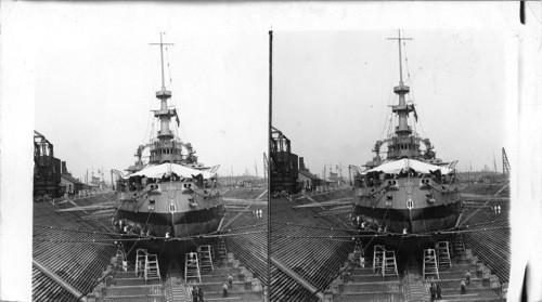 The Oregon and one of the great dry docks. Brooklyn Navy Yard. U.S. Navy