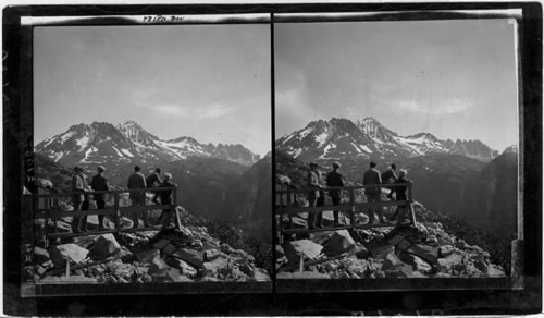 Inspiration Point on W.P. and Y.R.R., Alaska-Sawtooth Range in Background