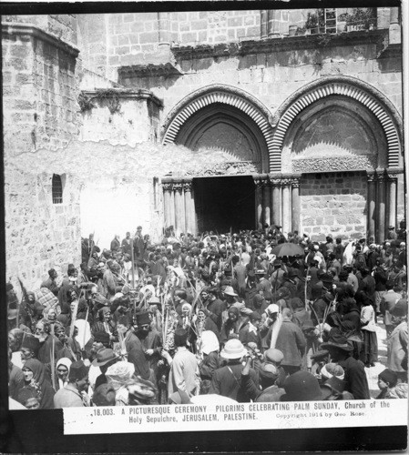 Inscribed in recto: 18,003. A PICTURESQUE CEREMONY PILGRIMS CELEBRATING PALM SUNDAY, Church of the Holy Sepulchre, JERUSALEM, PALESTINE. Copyright 1914 by Geo. Rose