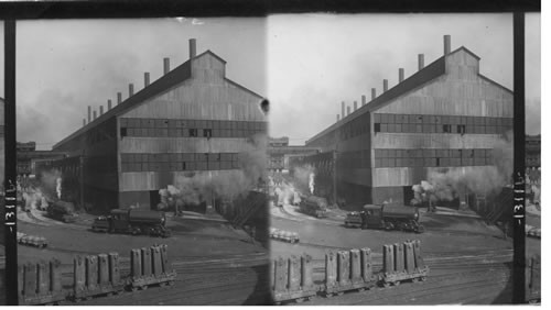 Exterior of No. 4 open hearth ingot molds in foreground. Homestead Steel Works, Penna