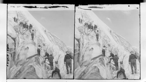 Perilous Climbing Over the Ice Crags of Steven's Glacier, Mount Tacoma. Washington. U.S