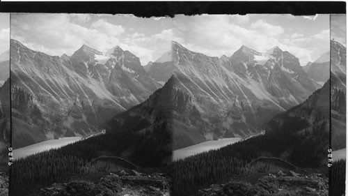 Mirror Lake, Lake Louise and the Great Bow Valley from Lake Agnes, Rocky Mt., Alberta, Canada