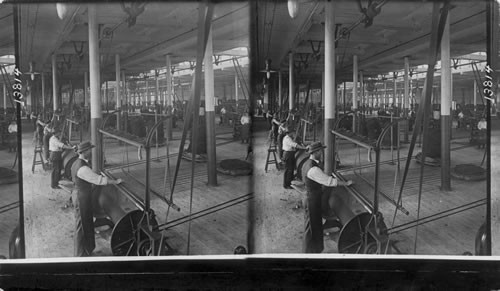 Beaming frames where threads are straightened for looms, White Oak Cotton Mills, Greensboro, N.C