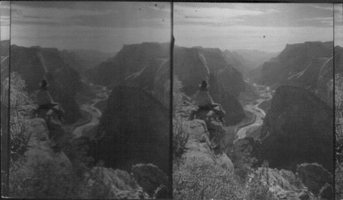 South a little west from end of Observation Point to Zion Canyon. We see the curving of Virgin River. In the foreground in the shadow is Angels Landing. The highest round peak like is the Sentinel. At extreme left we see the White Throne. Next a high plateau is the East Temple. Next Temple of the Sun. Next the Watchman. Next Castle Crags and back in far horizon the Smithsonian Buttes. On account of this mottled effect you speak of overexposure about this & 48027-48029- well I know in this case I did not overexposure because you can see the "Angels Landing" at right & everything in the shadow is too black to be overexposed - Is something else either forcing in old developer or the pater is old - Utah