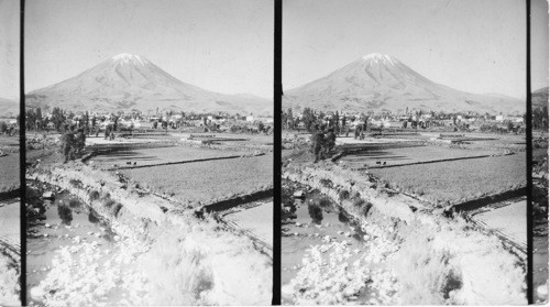 Panoramic view of city Arequipa, nestling at the foot of Mt. Misti, Peru
