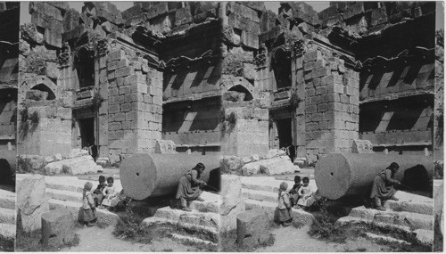 Side view of one of the semi circular ete-draes or lateral chambers. Temple of Bacchus, Baalbek. Syria