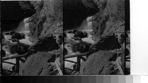 Stop 22 Time 1/2 second [s]. South to Roaring River Falls, Fresno Co. Calif. Your comment of water (flat) is correct- I stopped down so much & had screens & could not get back one inch & the exposure consequently was too slow- as a life too far down was a necessary evil- the only place the guide could have been was on the bridge, but he was dressed [?] so badly & he would have covered the subject which geographically is more important than "life" -Important geographically-. "use #47491["]