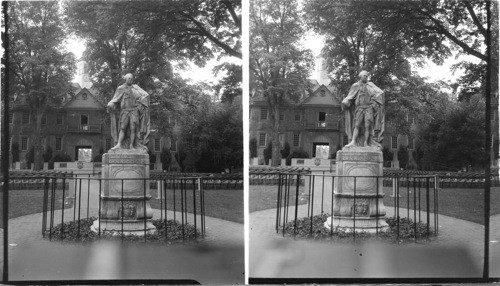 COLLEGE OF WILLIAM AND MARY - Statue of Lord Botetourt. Wren Building in background. Williamsburg, Virginia