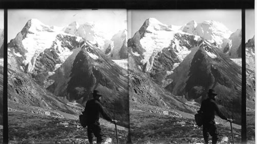 Mt. Fox and Mt. Dawson with their hanging glaciers from Asulkan Pass, Selkirk, B.C. Can