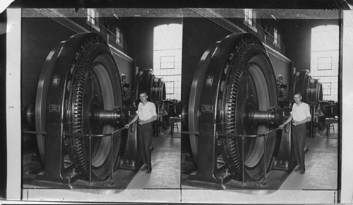 View of generating room, A.C. generator, 3 phases, 600 K.W.A. and 6600volts driven by 45 inch wheel turbine, Canada. Petersborough, Ont