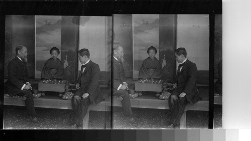 Marquis Ito at a game of G's with his private Secretary and with the March-ioness as witness, Japan