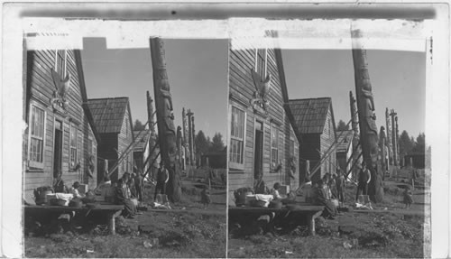 Indian Village of Klinkwan - modern natives and totem poles of old Hydahs. Alaska