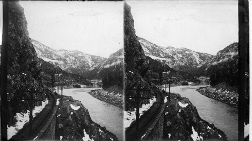 Cliff-bound track of the "Iron Horse", Fraser Canyon near Suzzano, Canada