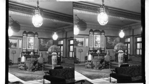 Reception room, Chinatown City Hall of Chicago, Ill. Lamp valued at $12,000, hand made in China with lead inlay. All furniture was imported especially for that place, this is the only one in America that is so lavishly furnished