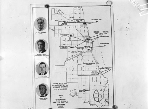Map of Chicago's Water System - Millidine Hale Thompson, Mayor. Richard W. Wolfe, Commissioner of Public Works. Edward F. Moore, Deputy Commissioner of Public Works. Loran D. Gayton, City Equipment