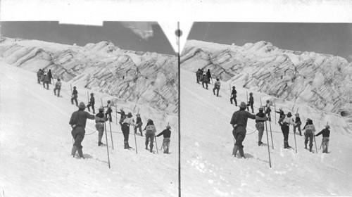 Mountain Climbers Ascending Snowfield in Stephen's Glacier, Mt. Rainier. Washington