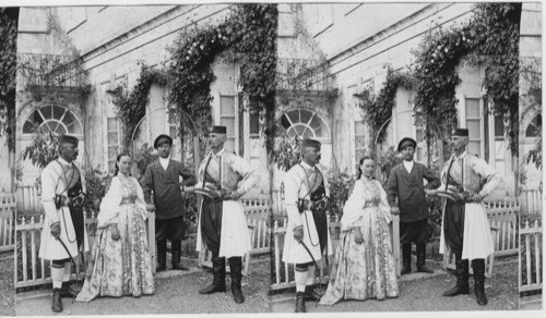 Russian Gentlemen and lady with two Kawass - at Russian hospice - Jerusalem, Palestine