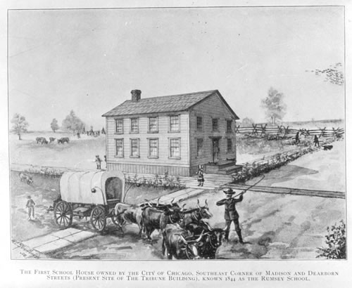 The first school house owned by the City of Chicago. S.E. Corner of Madison & Dearborn Streets - Present Site of the Tribune Bldg., known 1844 - as the Rumsey School