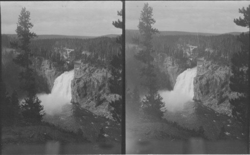 View of the upper falls of the Yellowstone River (height 109 ft.), looking S.W. from Canyon Camp. In distance beyond the falls is the arch of Chittenden Bridge. (Ele., Canyon Camp, 7,700 ft. Lat. 45N; Long 1101-30'W)