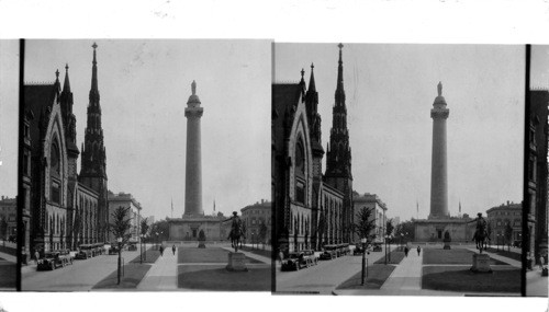 From N. Charles St. and Madison St. looking South on Mt. Vernon Place, Statue in foreground shows John Eager Howard 1752-1827. At left is the Methodist Episcopal Church, Baltimore, MD