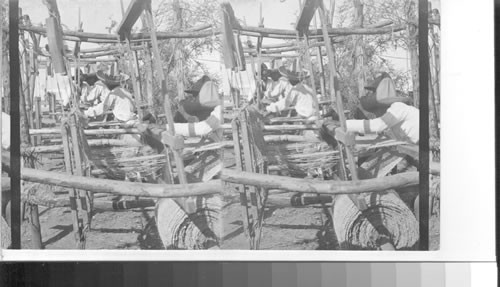 Natives weaving matting from the fiber of the maguey plant. Monterry [Nuevo Leon]. Mexico