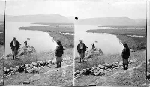 West shore of Galilee, Plain of Gennesoret and Mt. of Beautitudes, from Bethsaida, Palestine