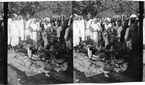 Street showmen exhibiting superbly handsome snakes before an admiring crowd. Calcutta. India