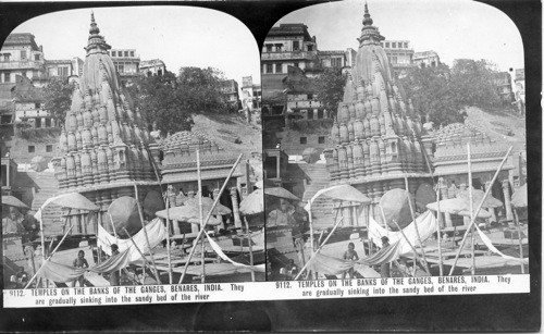 Inscribed in recto: 9112. TEMPLES ON THE BANKS OF THE GANGES, BENARES, INDIA. They are gradually sinking into the sandy bed of the river