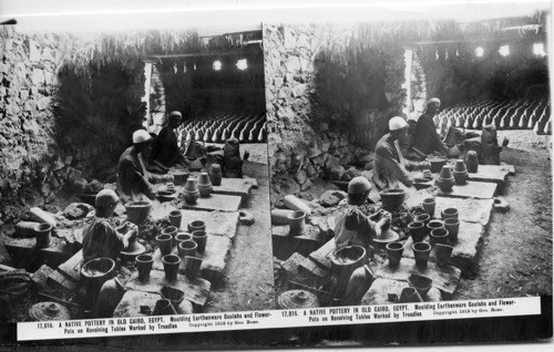 Inscribed in recto: 17,016. A NATIVE POTTERY IN OLD CAIRO, EGYPT. Moulding Earthenware Goulahs and Flower-Pots on Revolving Tables Worked by Treadles. Copyright 1912 by Geo. Rose