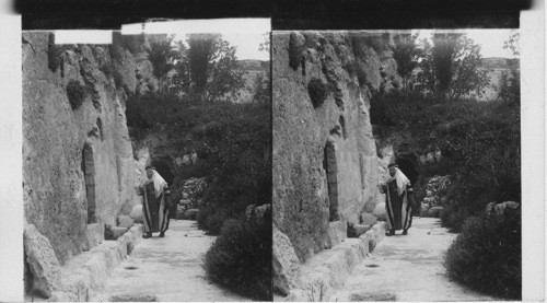 Rock - hewn tomb in hillside north of Jerusalem, probably place of Jesus’ burial, Palestine