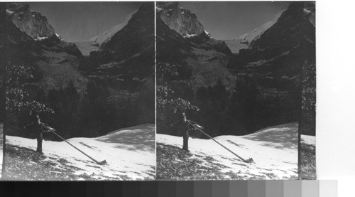 Grindenwald, Alpine Hornblower. Switzerland. Blowing the Alpinehorn, Grindenwald [Grindelwald]. Switz. Dec. - '31 service #7- new description