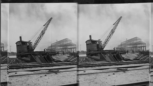 Unloading Structural Steel for an open-hearth Mill (in distance), Steel Works, Gary, Ind