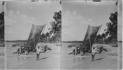 India, Fishing boat showing contrivance to keep it from capsizing