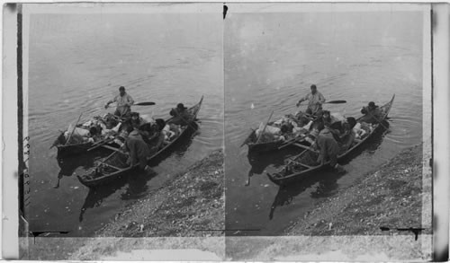 Malemutu Indian Moving Camp on Two Canoes