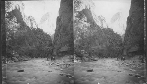 This is same subject as Peabody's 47295 - this great difference is brought about by using wide angle lenses; also I took time & trouble to get my boots wet & go on a rock in midstreams - But the light was different in that hour of the day & Peabody's has better exposure by having more uniform light - Print mine darker to bring out dome part or Mt. of Mystery & it will be O.K. Zion Wall Park. Utah. In the Narrow Looking NE to Mountain of Mystery. Very important for set