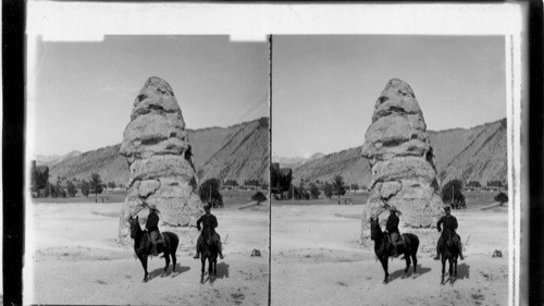 Pres. Roosevelt and Major Pitcher before Liberty Cap, a long extinct geyser, Yellowstone National Park. Wyoming