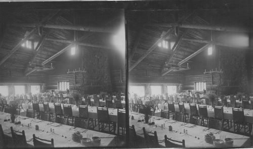 Quaint Dining Room of Old Faithful Inn. Wyo. Hotel, Inn