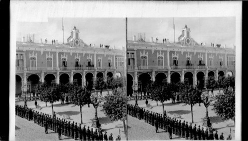 American and Spanish soldier in front of the Captain General's Palace. Jan. 1, 1899. Havana, Cuba