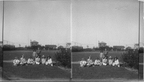 School children and tennis court, Iroquois Falls, Ont