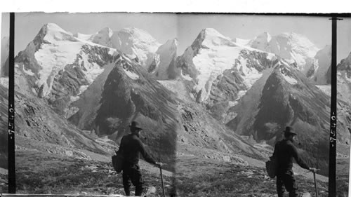 Mt. Fox and Mt. Dawson with their hanging glaciers from Asulkan Pass, Selkirk, B.C. Can