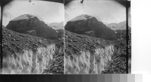 A treacherous crevasse in Victoria Glacier - Mt. Lefroy and Mt. Victoria in Distance. Canadian Rockies, Can, Rocky Mts. Park